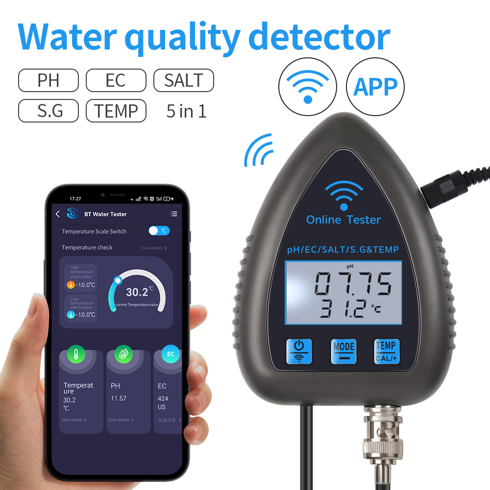 Marine Aquarium Water Analyzer - Tuya เครื่องวัดคุณภาพน้ำแบบ5 in 1, เครื่องทดสอบออนไลน์ tds/ec/salt