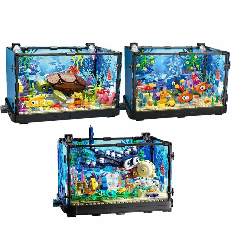 Marine Aquarium Aquascape - ชุดบล็อกตัวต่อตู้ปลาพร้อมไฟ，ตู้ปลา，เต่าทะเล，ของเล่นตัวต่อสำหรับเด็กอายุ 14 ปีขึ้นไป，ของขวัญ，ของตกแต่งบ้าน